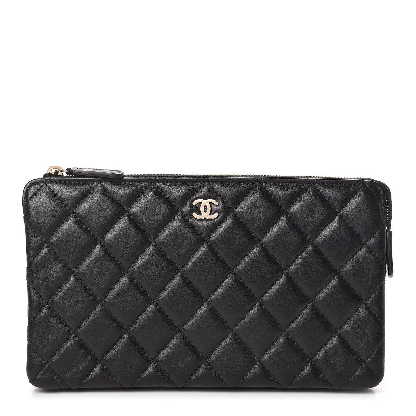 Lambskin Quilted Large Zipped Clutch Black
