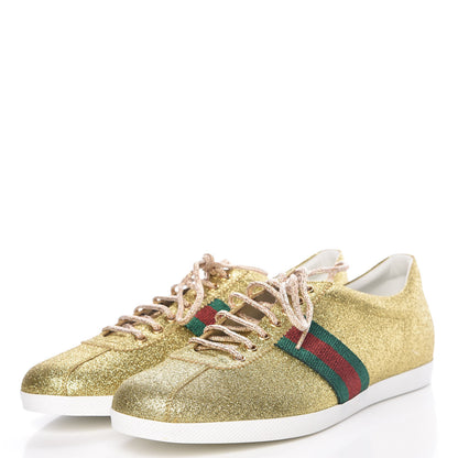 Gucci Metallic Calfskin Studded Mens Bambi Web GG Sneakers 11 Gold 3 of 8