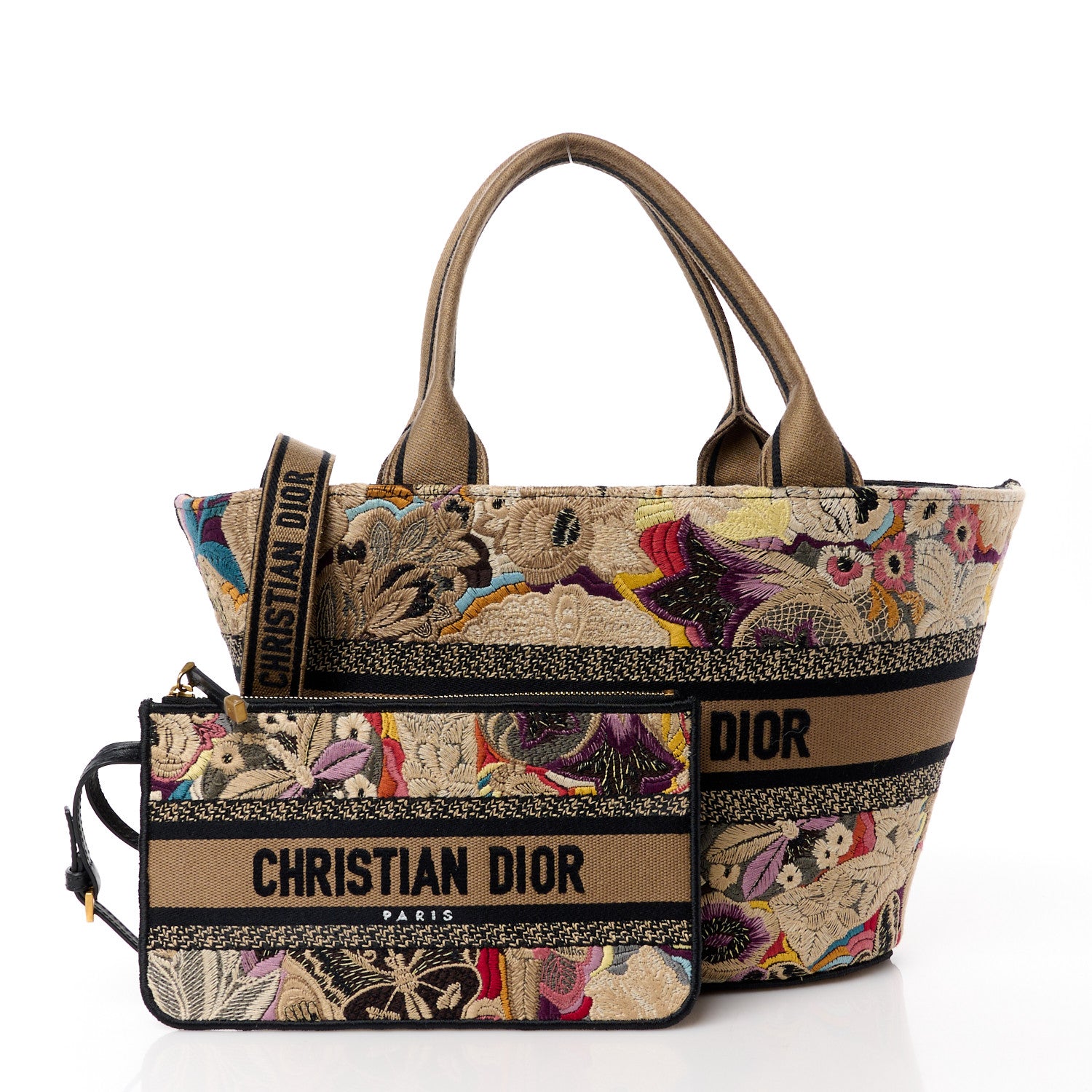 Christian Dior Canvas Embroidered Butterfly Brocart Hat Basket Bag Beige Multicolor 3 of 15