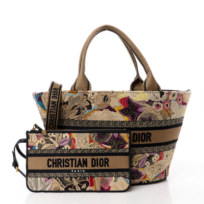 Christian Dior Canvas Embroidered Butterfly Brocart Hat Basket Bag Beige Multicolor 3 of 15