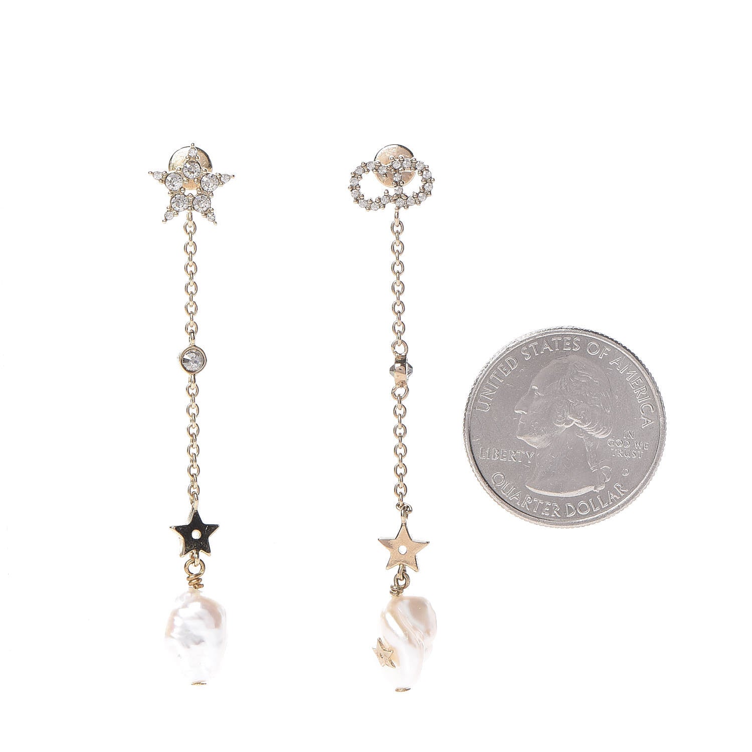 Christian Dior Pearl Crystal Shiny-D Dangle Chain Earrings Gold 2 of 4