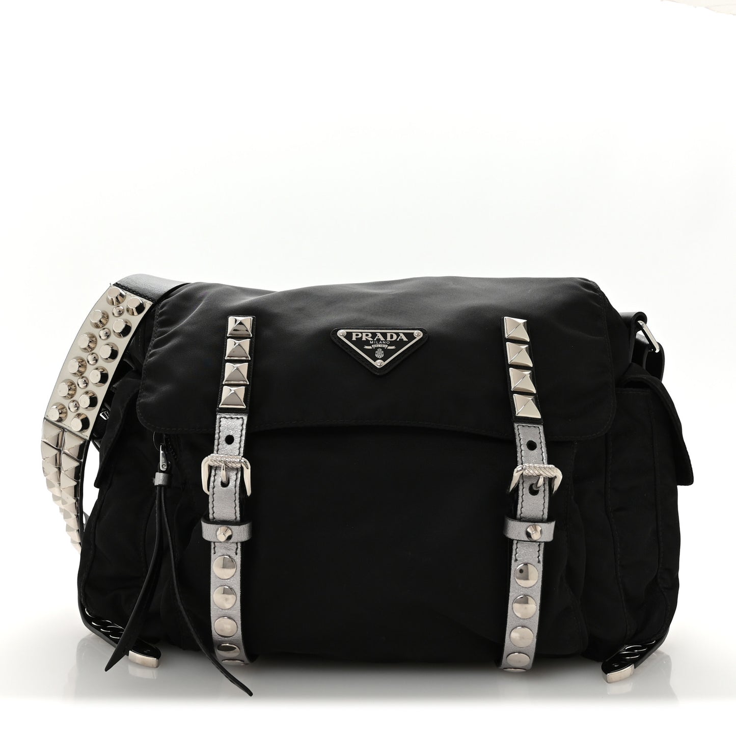 Nylon New Vela Studded Messenger Bag Black