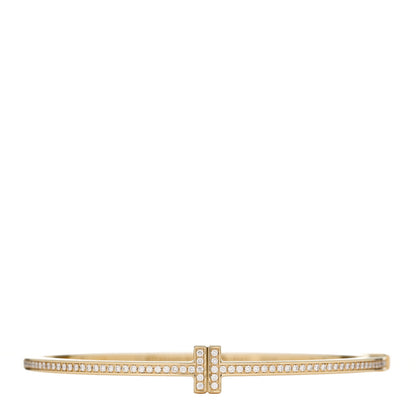 Tiffany 18K Yellow Gold Diamond T Hinged Wire Bangle Bracelet 1 of 8