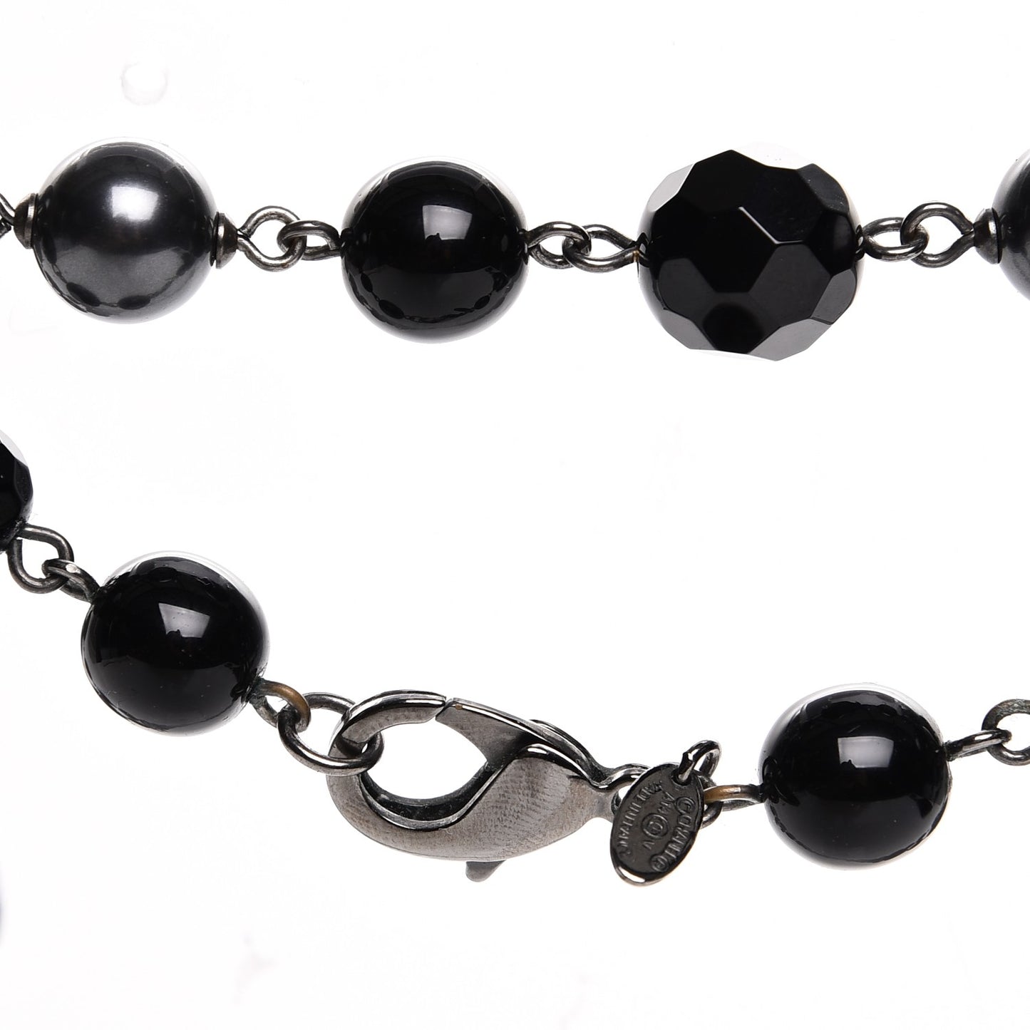 Pearl Bead Enamel CC Long Necklace Silver Black Grey