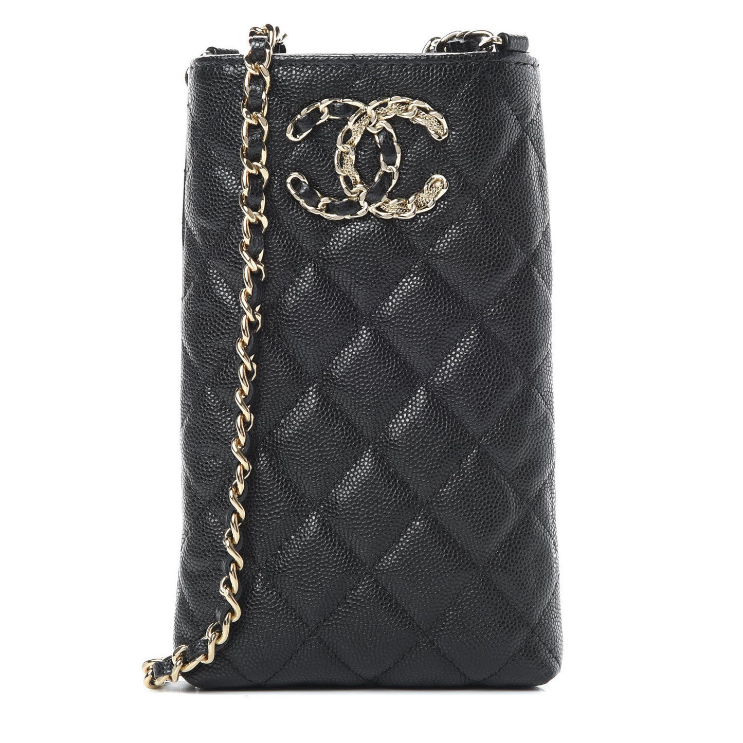 Caviar Quilted French New Wave Phone Holder With Chain Black