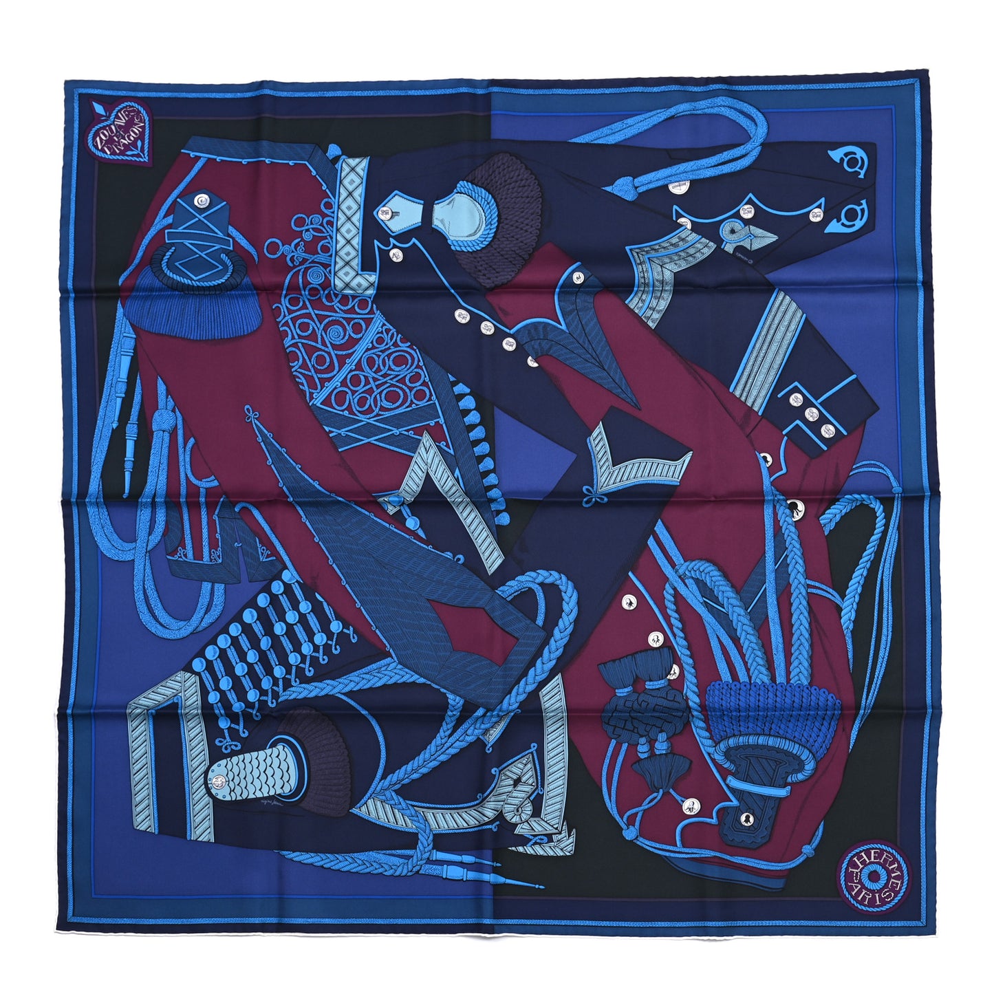 Silk Zouaves Et Dragons Scarf 90 Marine Bordeaux Cobalt