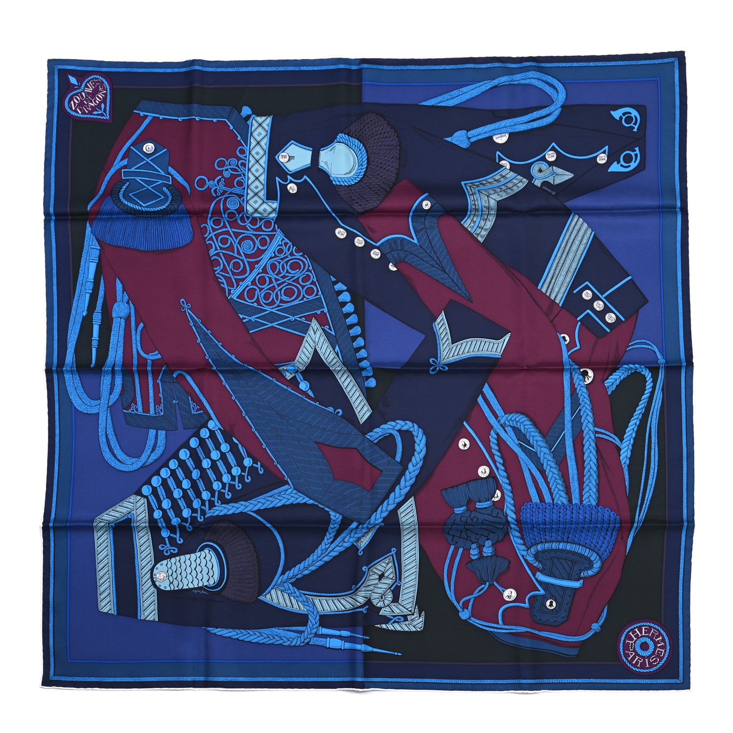 Hermes Silk Zouaves Et Dragons Scarf 90 Marine Bordeaux Cobalt 1 of 12