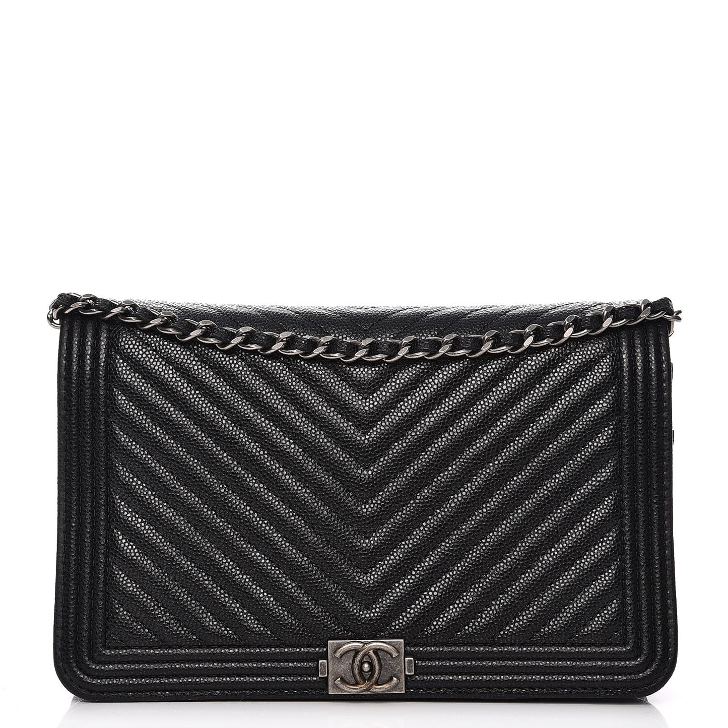 Caviar Chevron Quilted Boy Wallet on Chain WOC Black