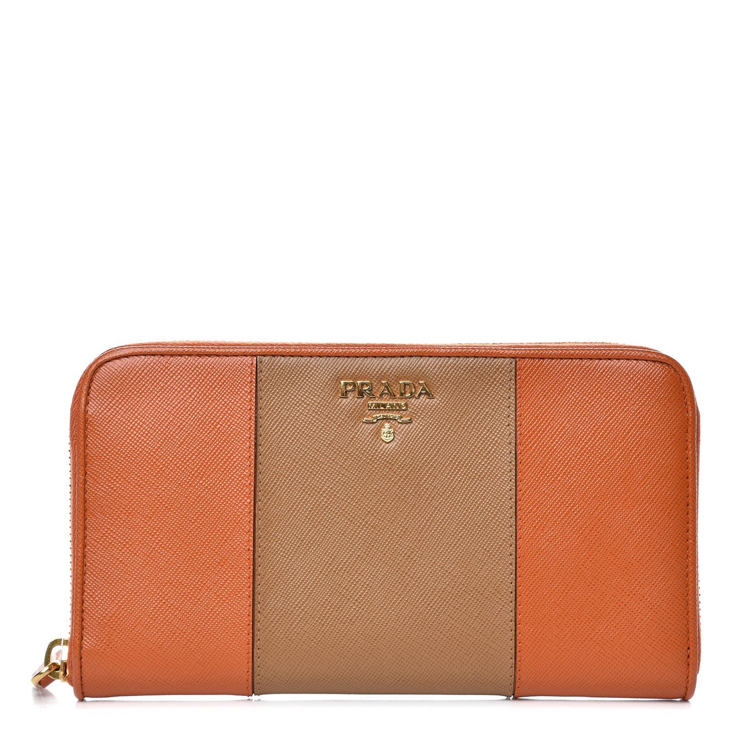 Saffiano Bi-Color Metal Zip Around Wallet Caramel Papaya