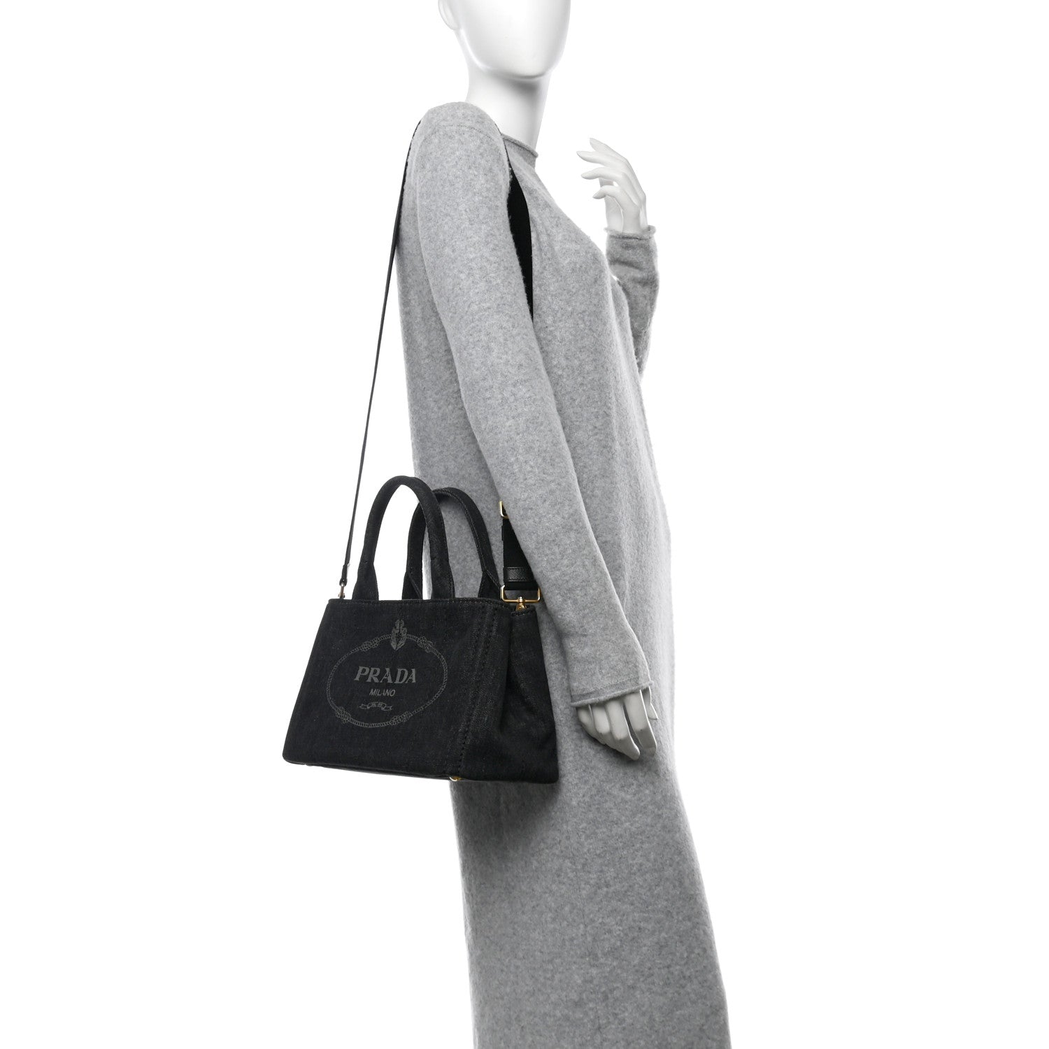 Prada Denim Canapa Small Logo Tote Black 2 of 9