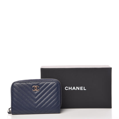 Chanel Caviar Chevron Quilted Zip Around Coin Purse Navy Blue 8 of 8