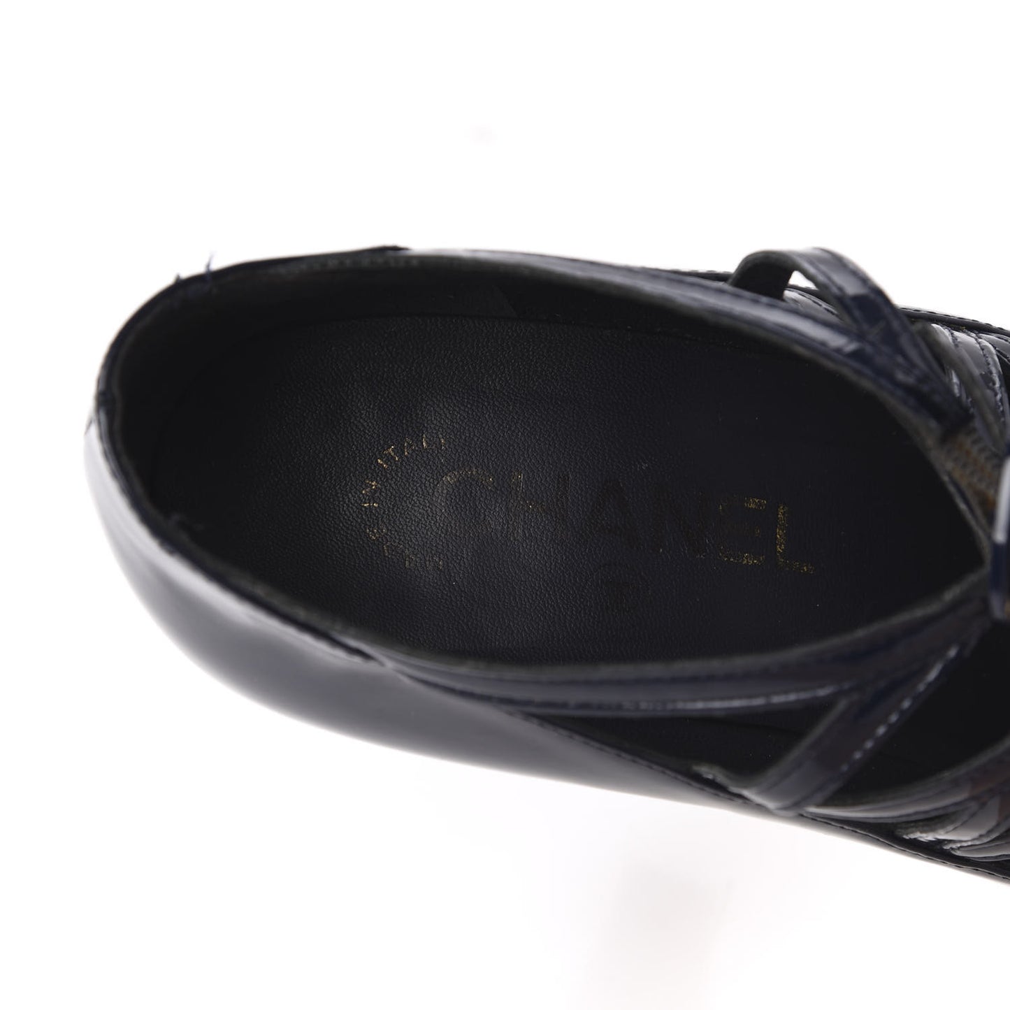 Patent Calfskin Quilted CC Strap Pumps 35 Navy Gold