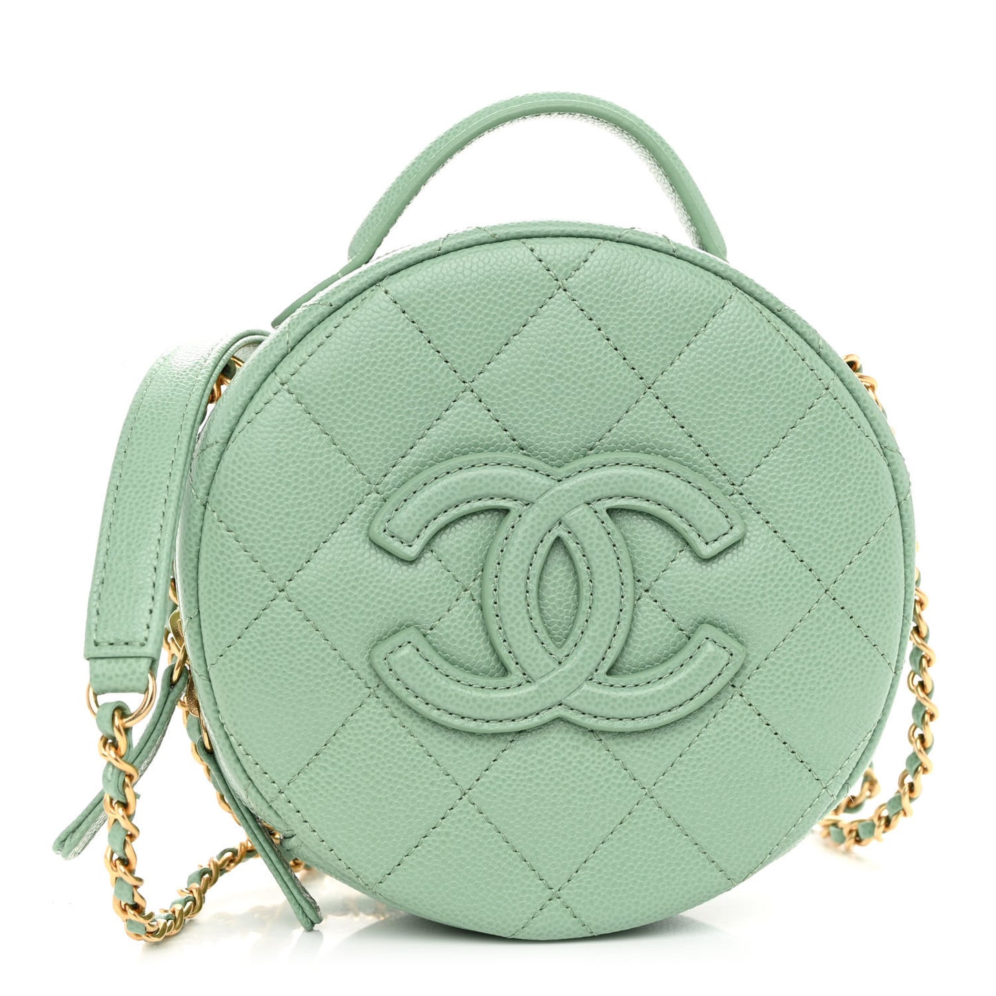 Caviar Quilted Small Round Vanity With Chain Light Green