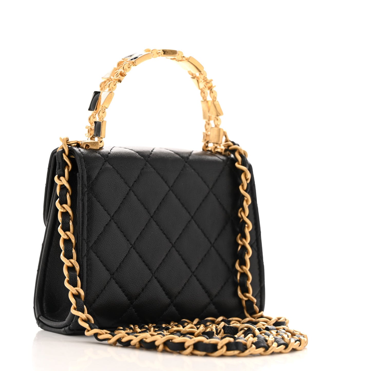 Lambskin Enamel Quilted Mini Top Handle Flap Black