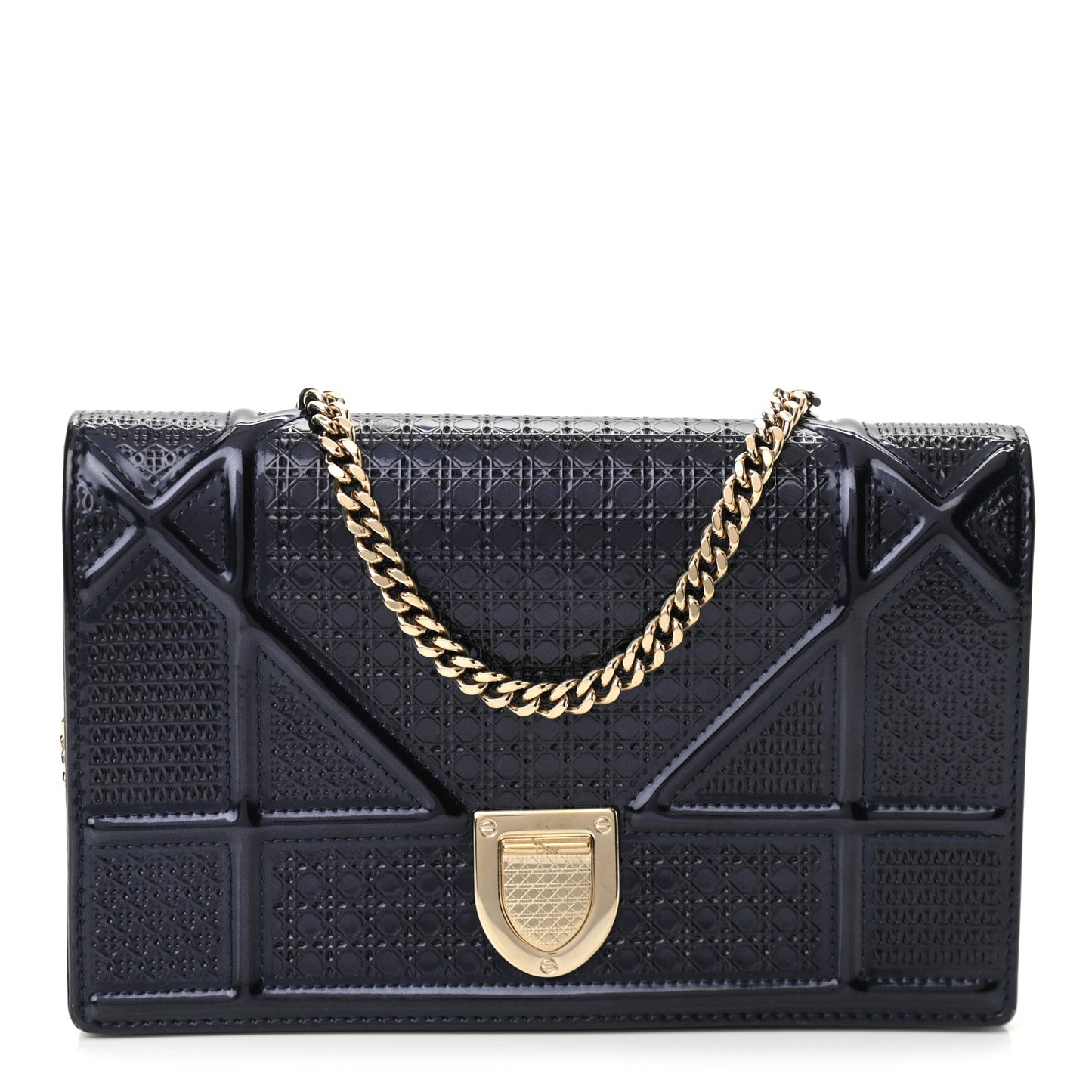 Metallic Patent Micro-Cannage Diorama Wallet on Chain Pouch Navy Blue