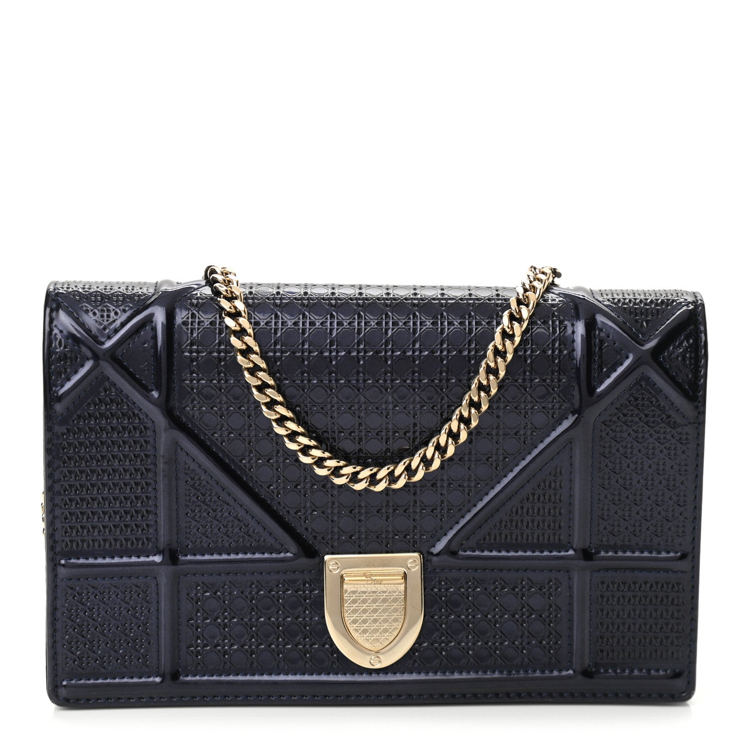 Christian Dior Metallic Patent Micro-Cannage Diorama Wallet on Chain Pouch Navy Blue 1 of 8