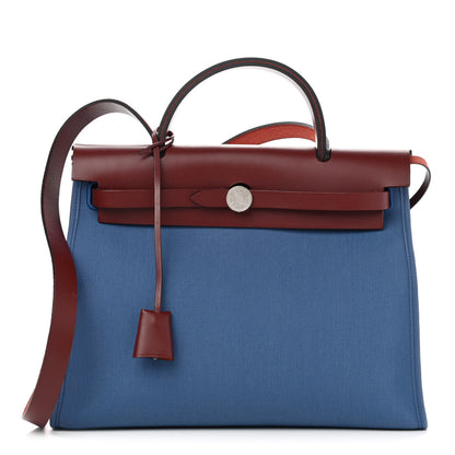 Hermes Vache Hunter Toile Militaire Herbag Zip 31 PM Bleu Agate Rouge H 2 of 12
