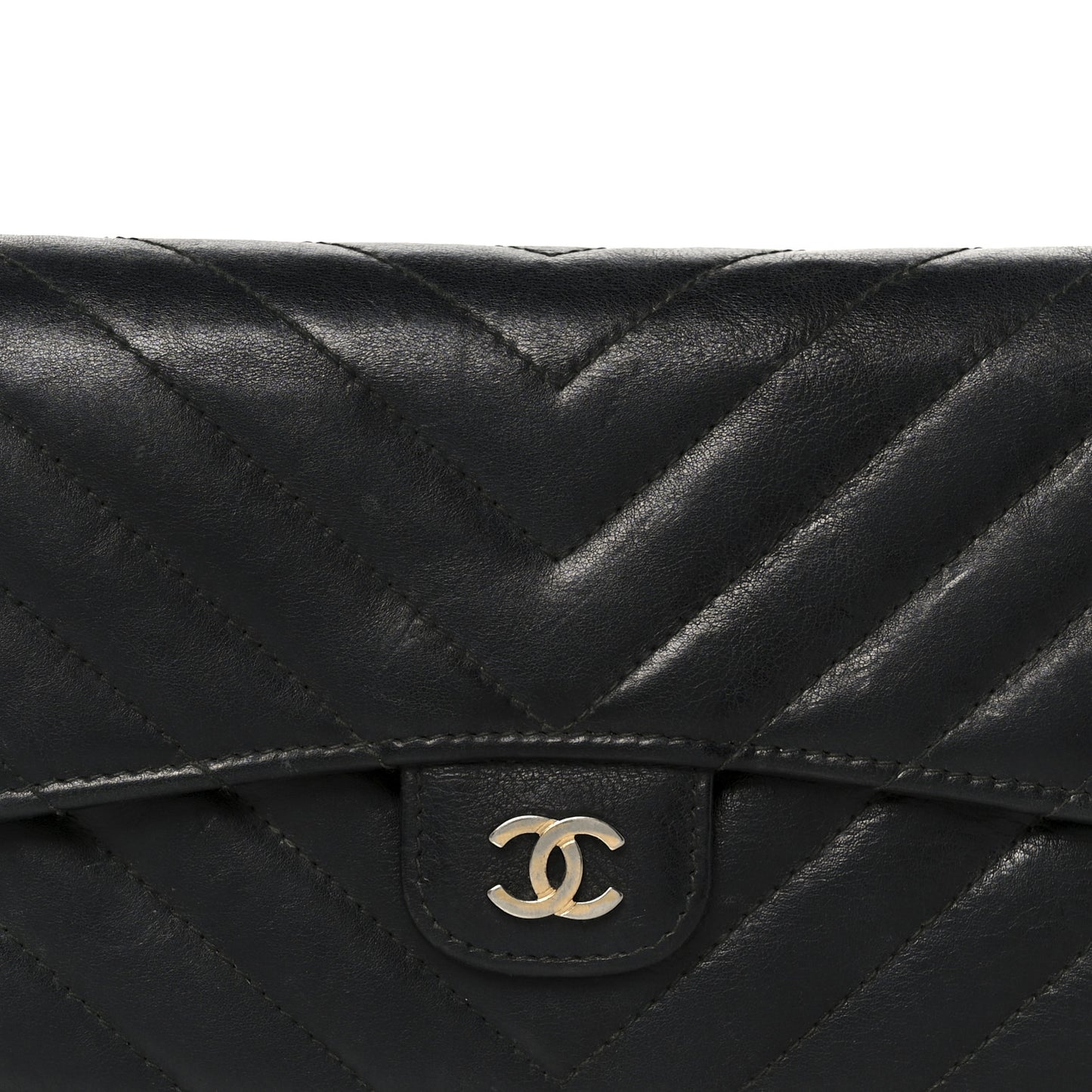 Calfskin Chevron Quilted Large Gusset Flap Wallet Black