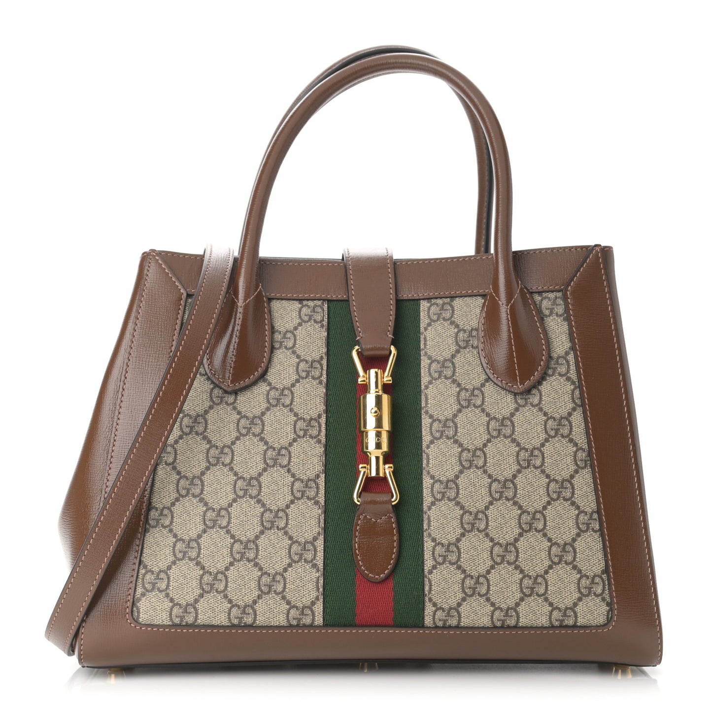 GG Supreme Monogram Azalea Calfskin Web Medium Jackie 1961 Tote Beige Ebony Brown Sugar