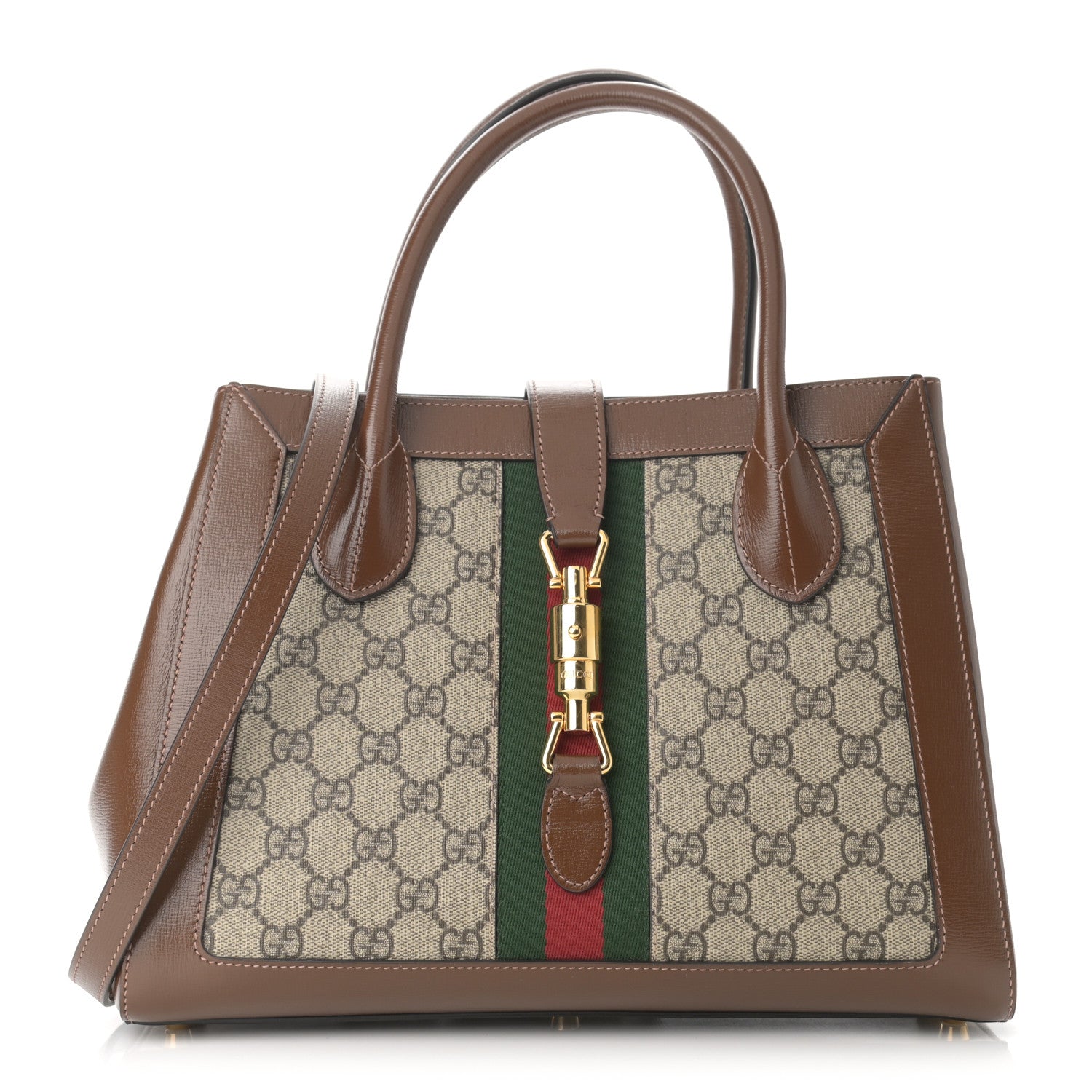 Gucci GG Supreme Monogram Azalea Calfskin Web Medium Jackie 1961 Tote Beige Ebony Brown Sugar 1 of 9