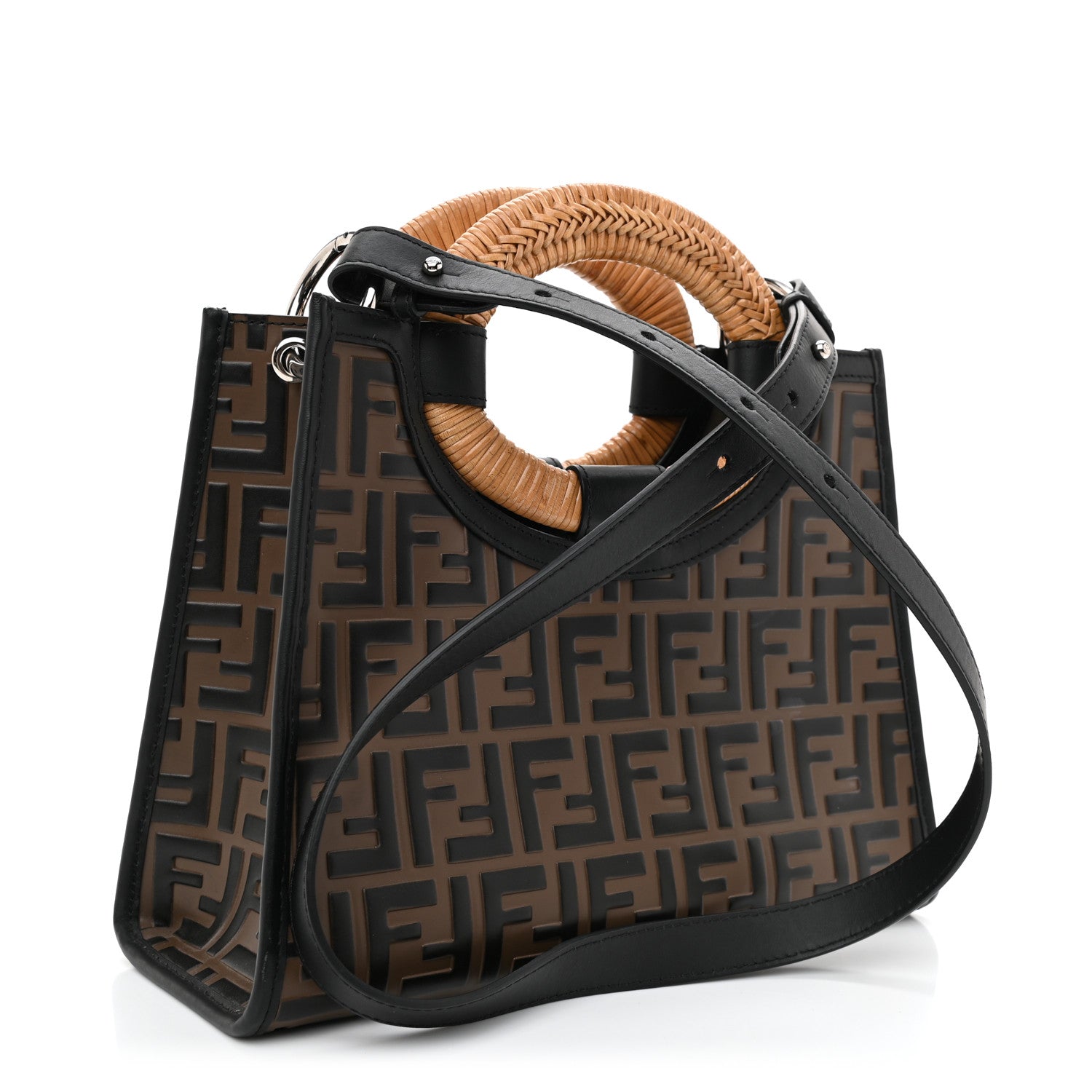 Fendi Vitello Century Wicker Bi-Color FF 1974 Embossed Small Runaway Shopper Tote Maya Black 3 of 9