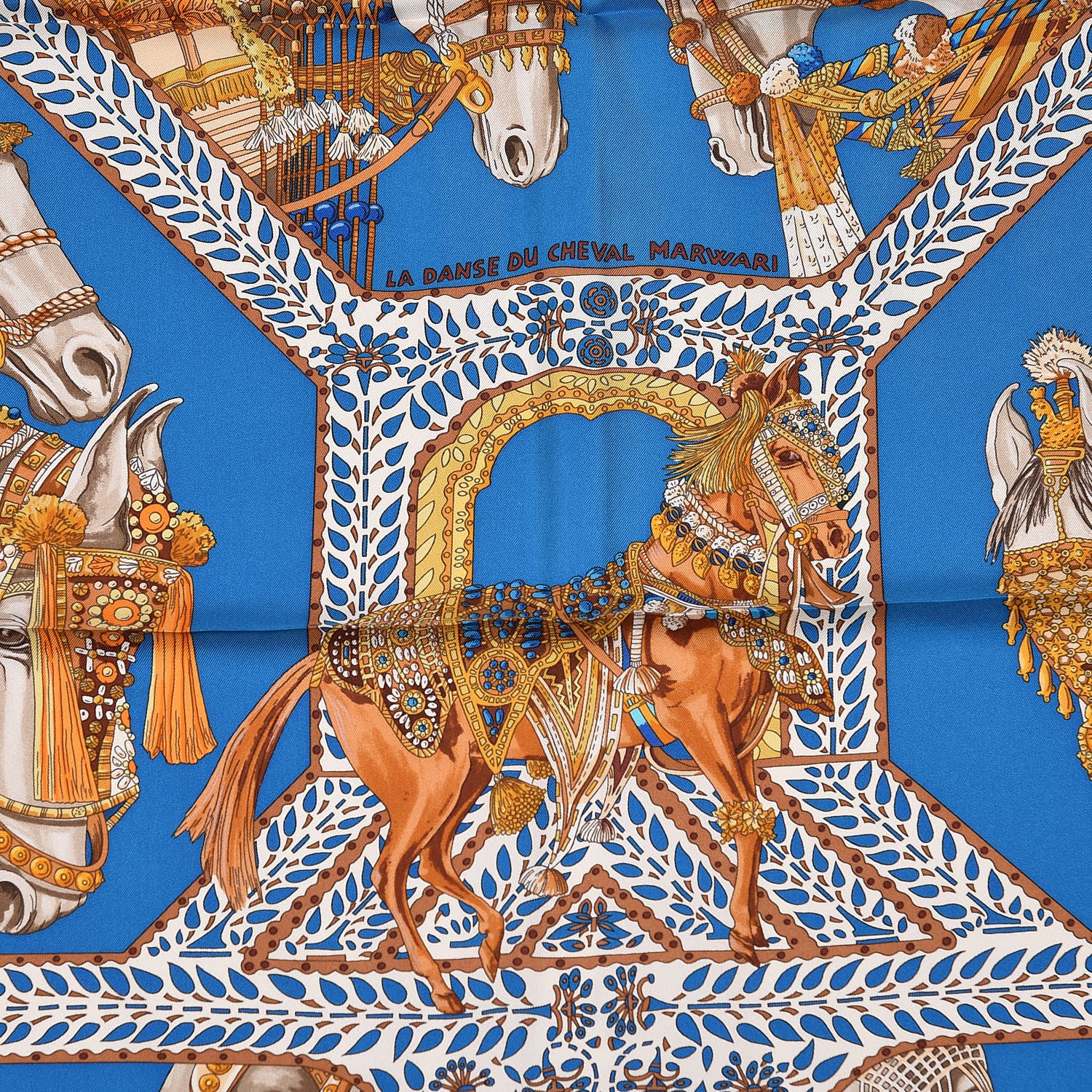 Hermes Silk La Danse Du Cheval Scarf 90 Petrole Ivory Vieil Or 3 of 6