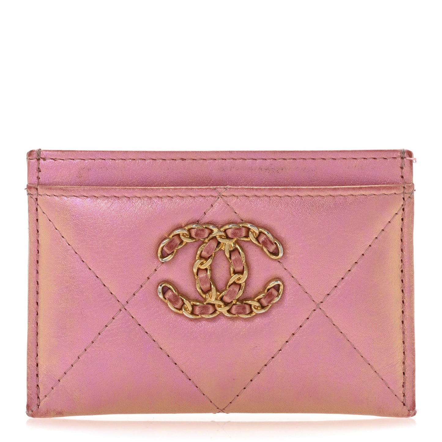 Iridescent Calfskin Quilted Chanel 19 Card Holder Pink