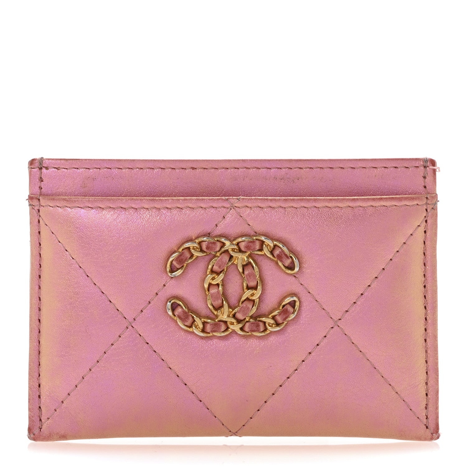 Chanel Iridescent Calfskin Quilted Chanel 19 Card Holder Pink 1 of 12