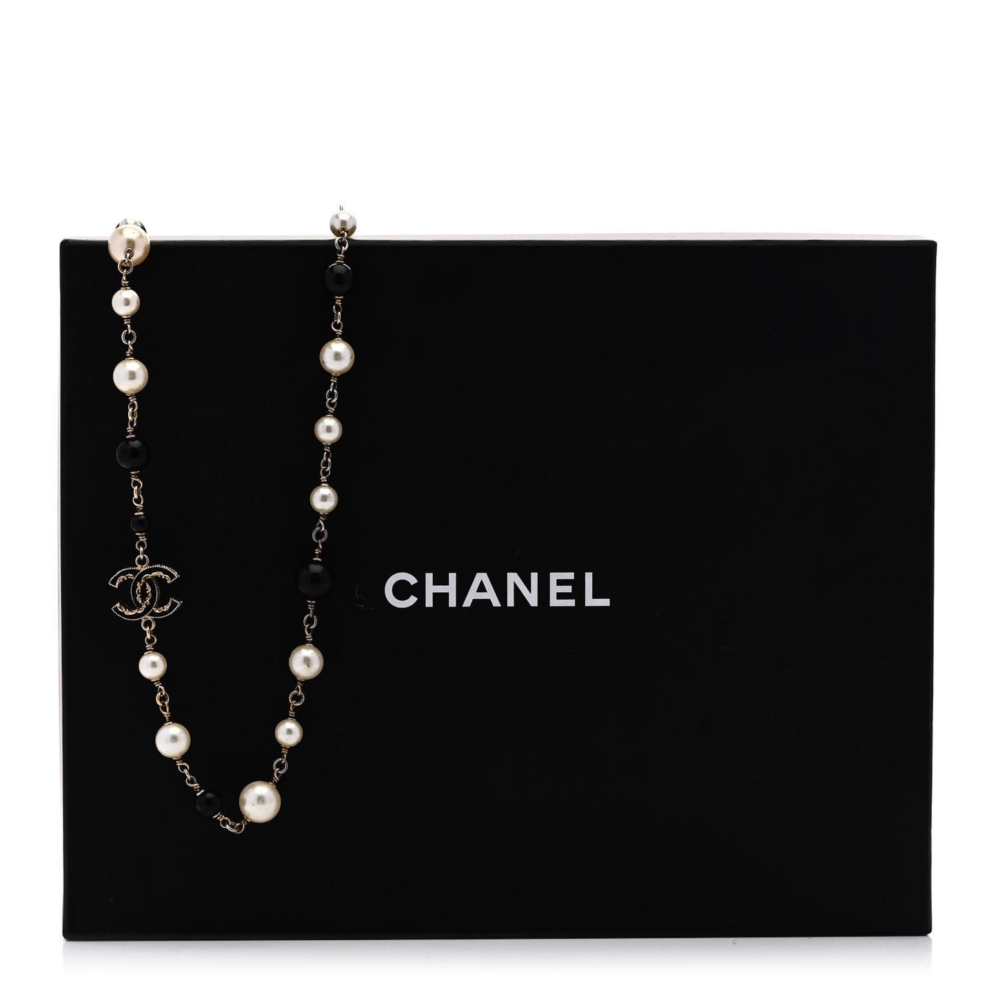 Pearl Enamel Beaded CC Baroque Long Necklace Black White Gold