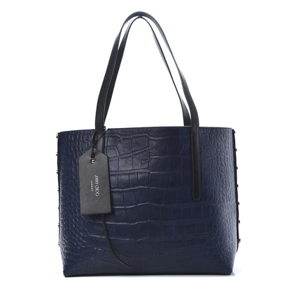 Jimmy Choo Crocodile Embossed Satin Calfskin Twist East West Tote Steel Blue 1 of 13