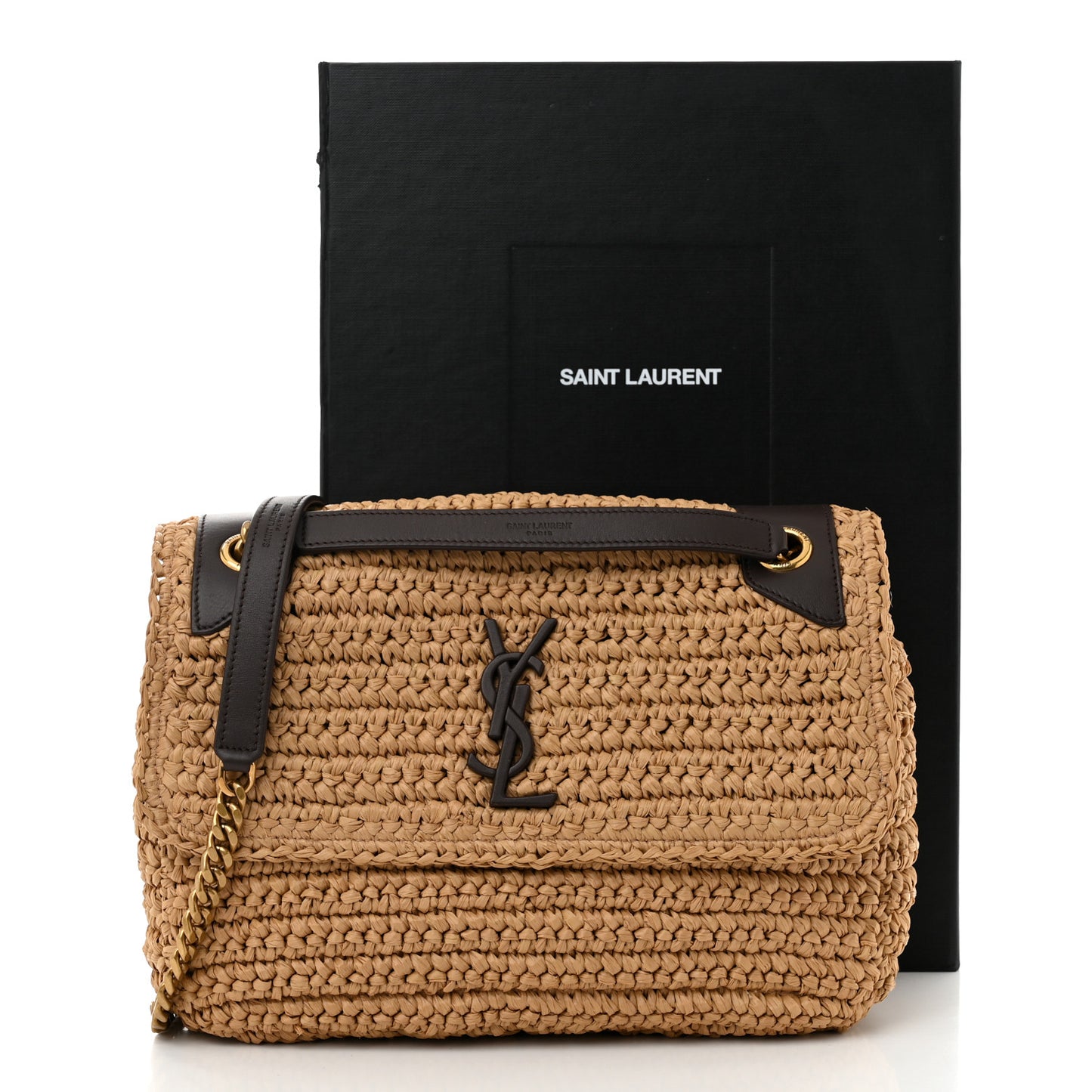 Raffia Calfskin Monogram Medium Niki Chain Satchel Natural