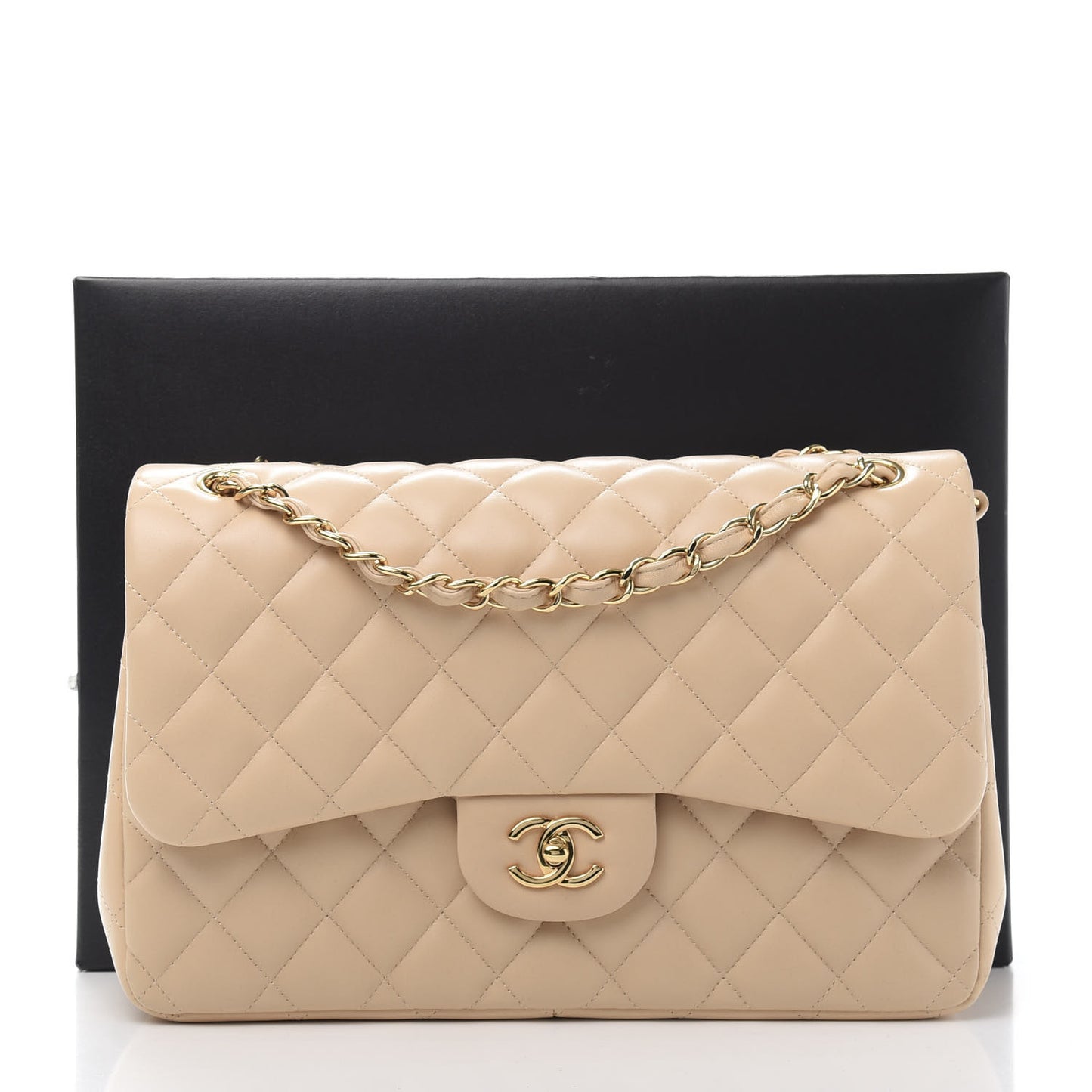 Lambskin Quilted Jumbo Double Flap Beige Clair