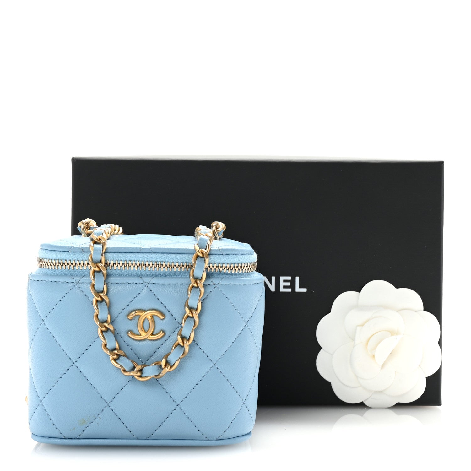 Chanel Lambskin Quilted Pearl Crush Mini Vanity Case With Chain Light Blue 11 of 11