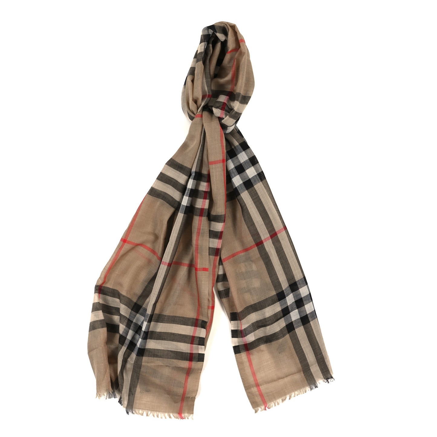 Wool Silk Gauze Giant Check Lightweight Scarf Camel