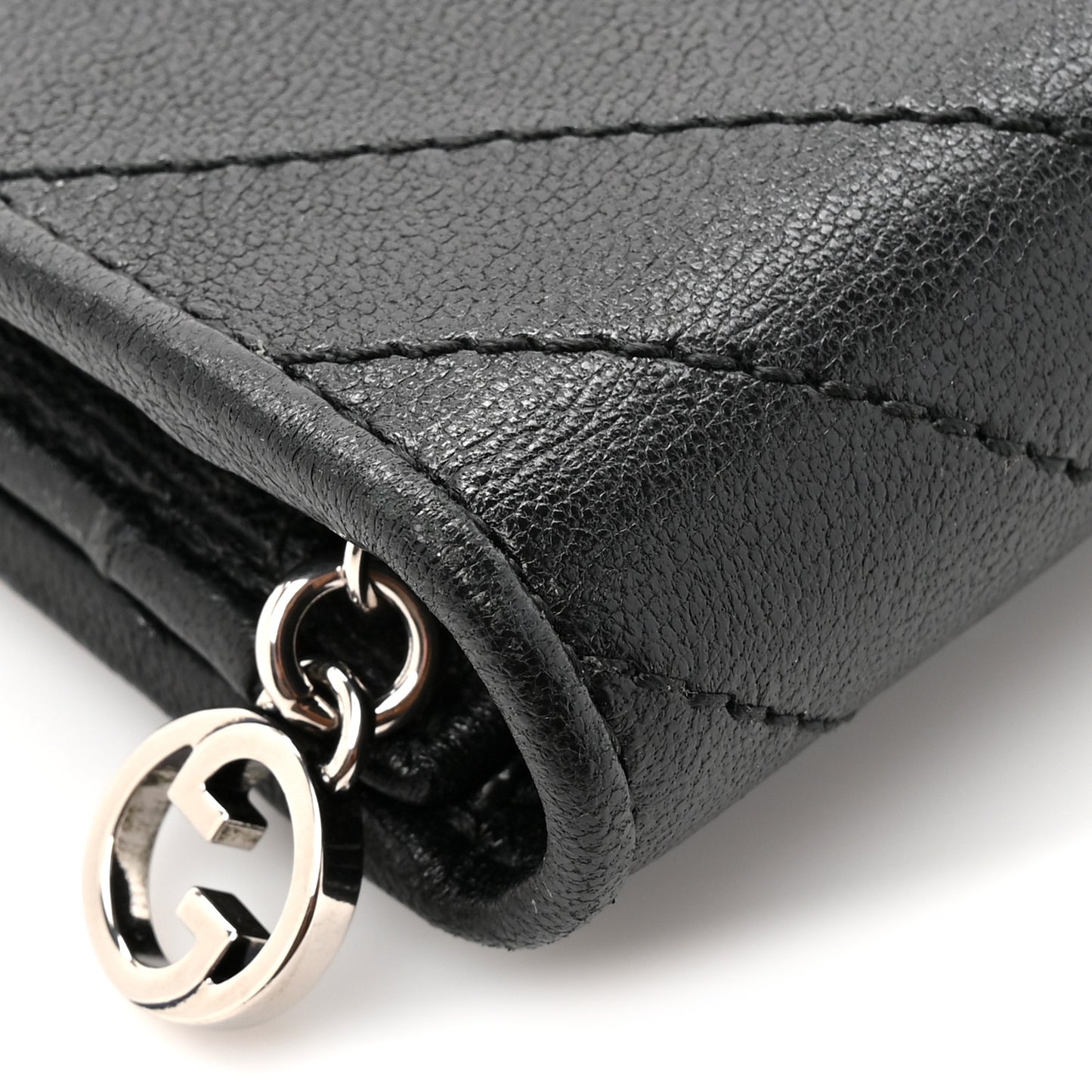 Sakai Be Green Calfskin Diagonal Stitched Blondie Card Case Wallet Black