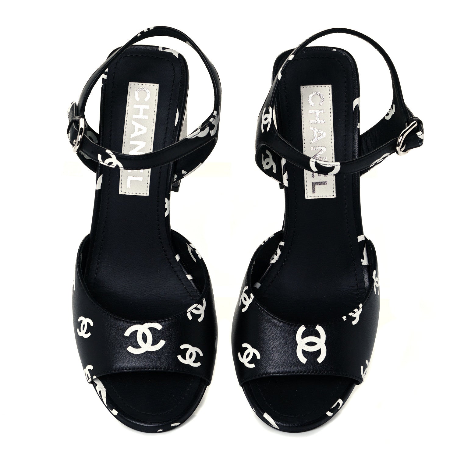 Chanel Printed Lambskin CC Sandals 36.5 Black White 5 of 11