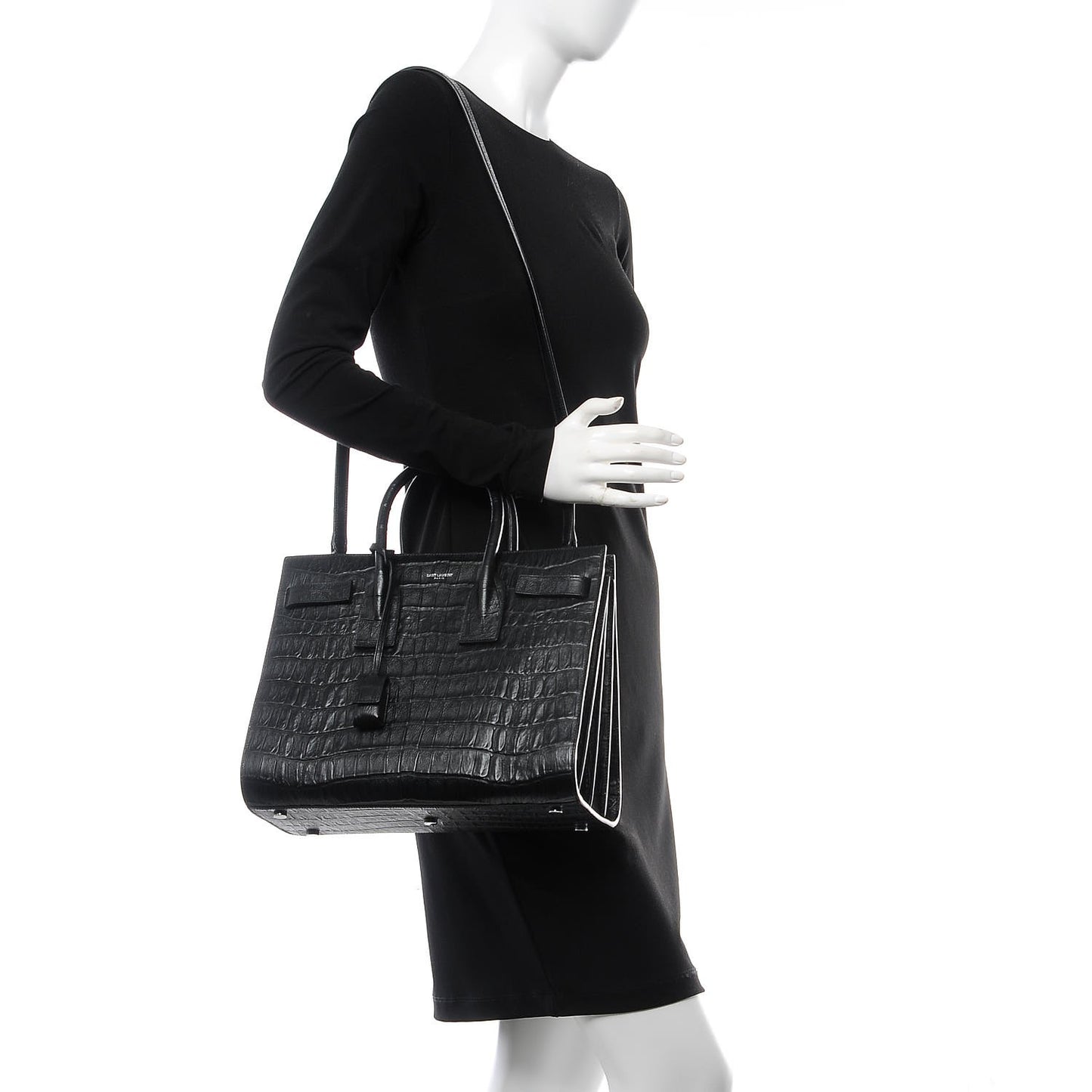Calfskin Crocodile Embossed Small Sac de Jour Black