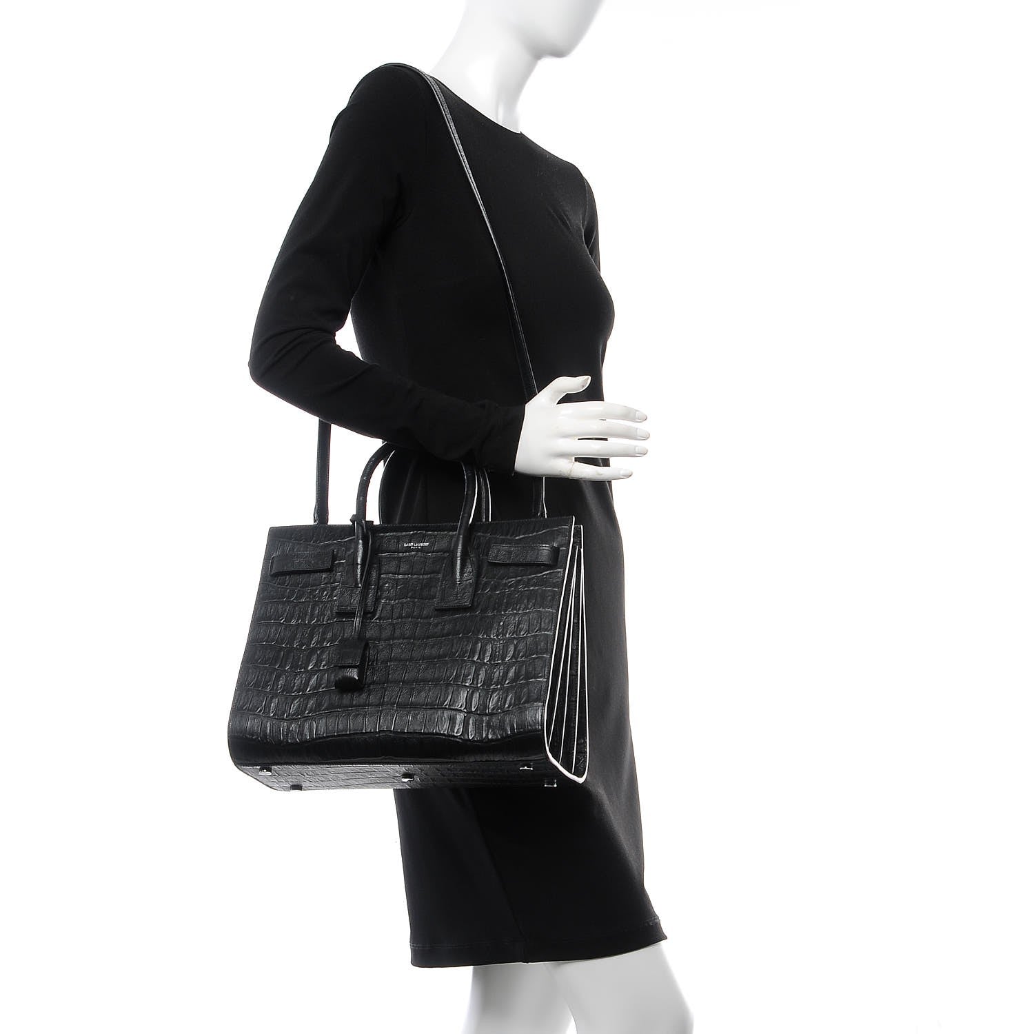 Saint Laurent Calfskin Crocodile Embossed Small Sac de Jour Black 2 of 8