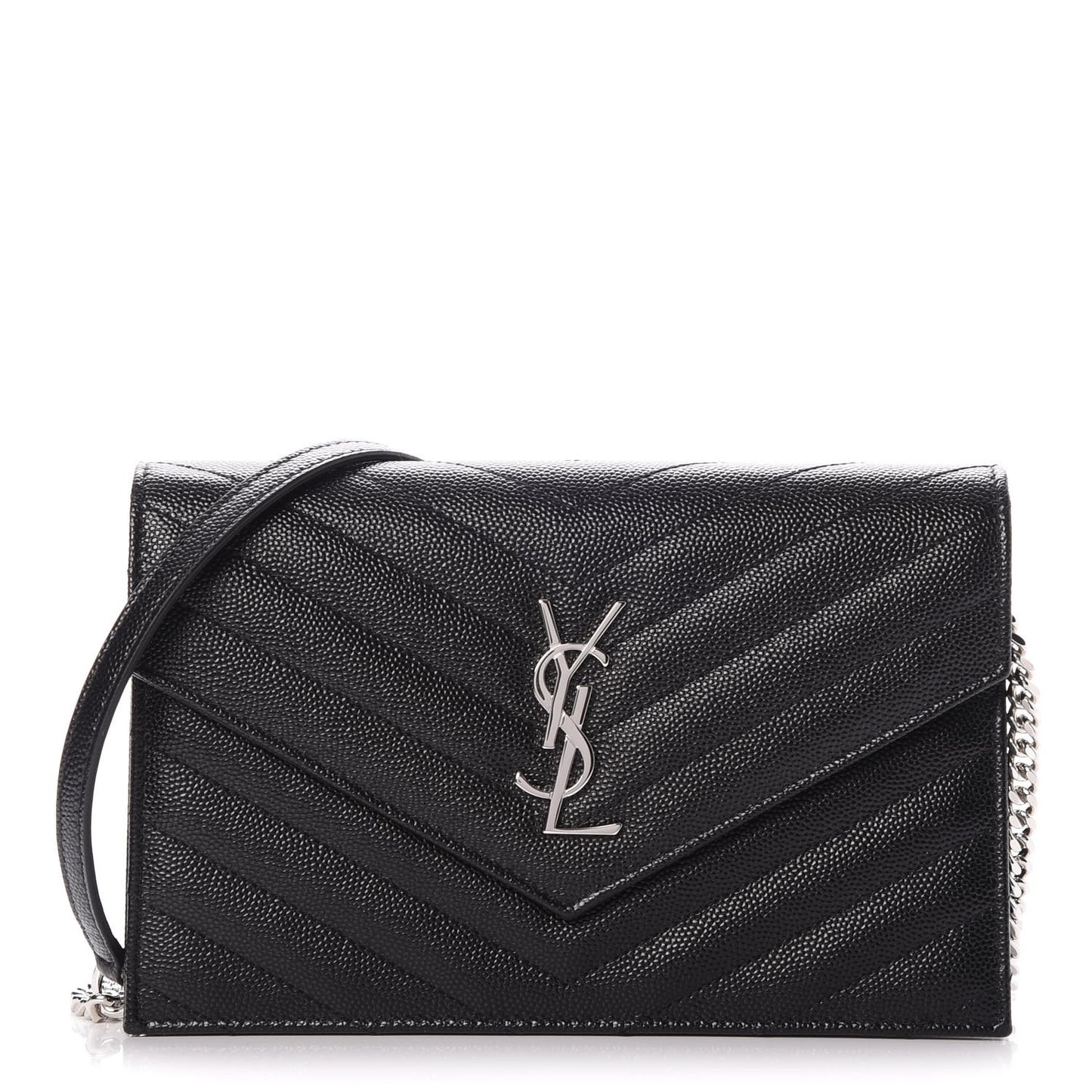 Grain De Poudre Matelasse Chevron Monogram Envelope Chain Wallet Black