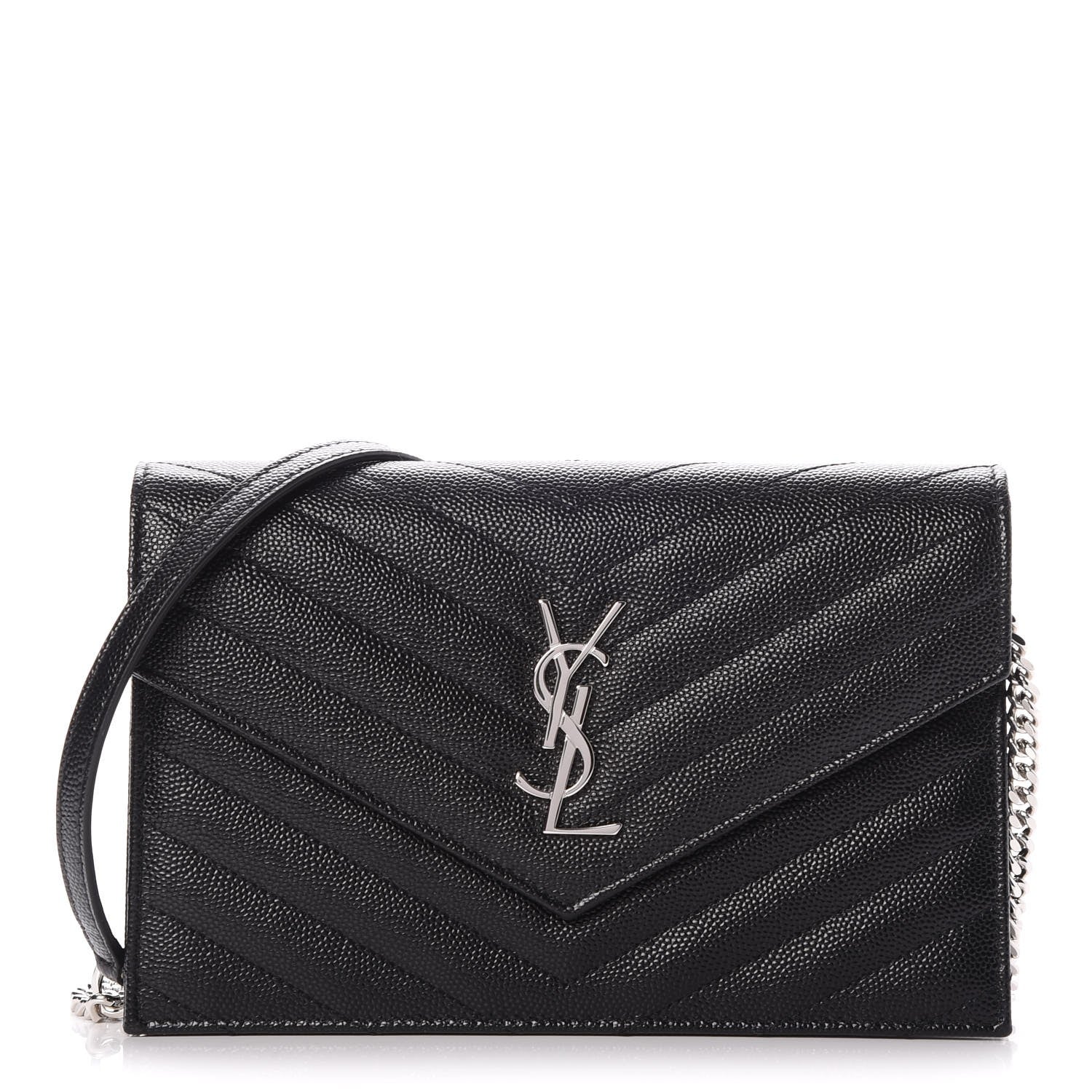 Saint Laurent Grain De Poudre Matelasse Chevron Monogram Envelope Chain Wallet Black 1 of 7