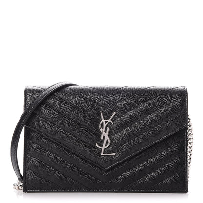 Saint Laurent Grain De Poudre Matelasse Chevron Monogram Envelope Chain Wallet Black 1 of 7