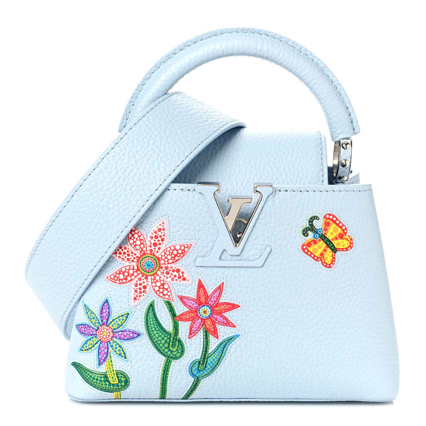 LV X YK Taurillon Inlaid Kusama Flowers Mini Capucines Pale Blue