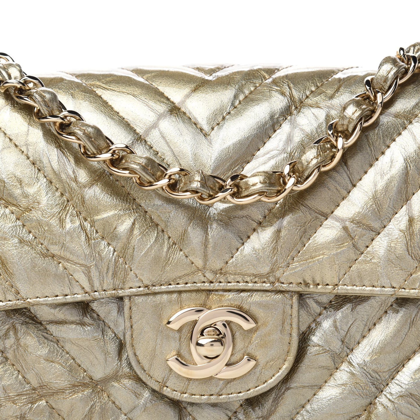 Patent Metallic Crumpled Calfskin Chevron Quilted Mini Rectangular Flap Gold