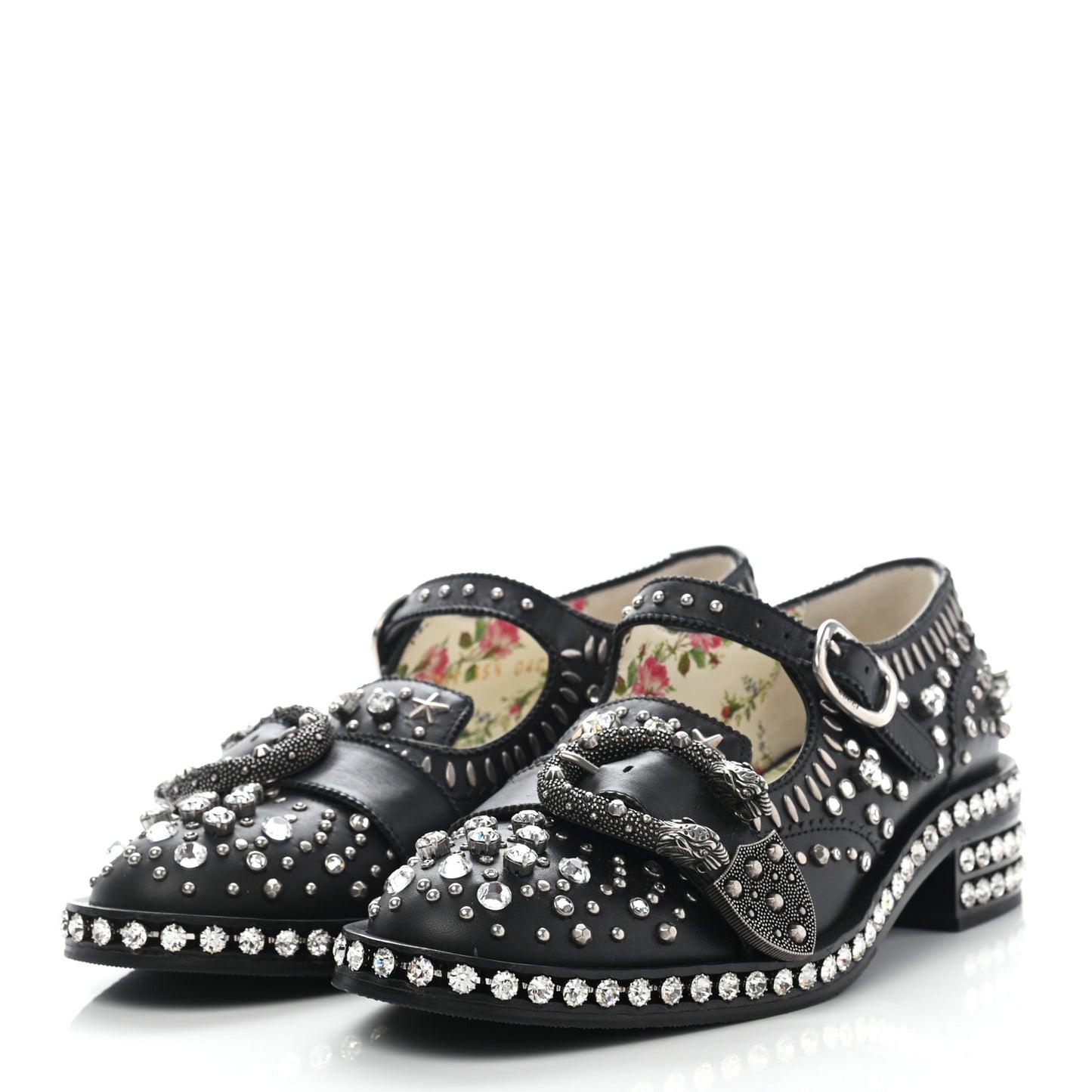 Calfskin Crystal Studded Womens Queercore Brogue Monk Strap Loafers 35.5 Black