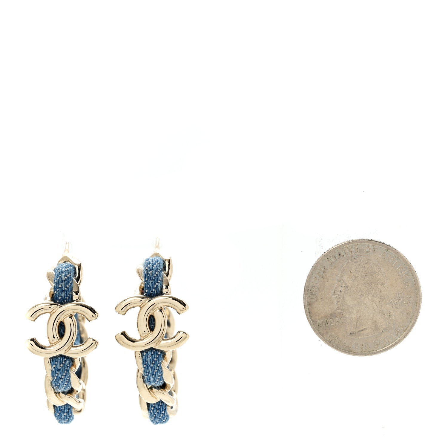 Chanel Metal Denim CC Chain Hoop Earrings Gold Blue 2 of 5