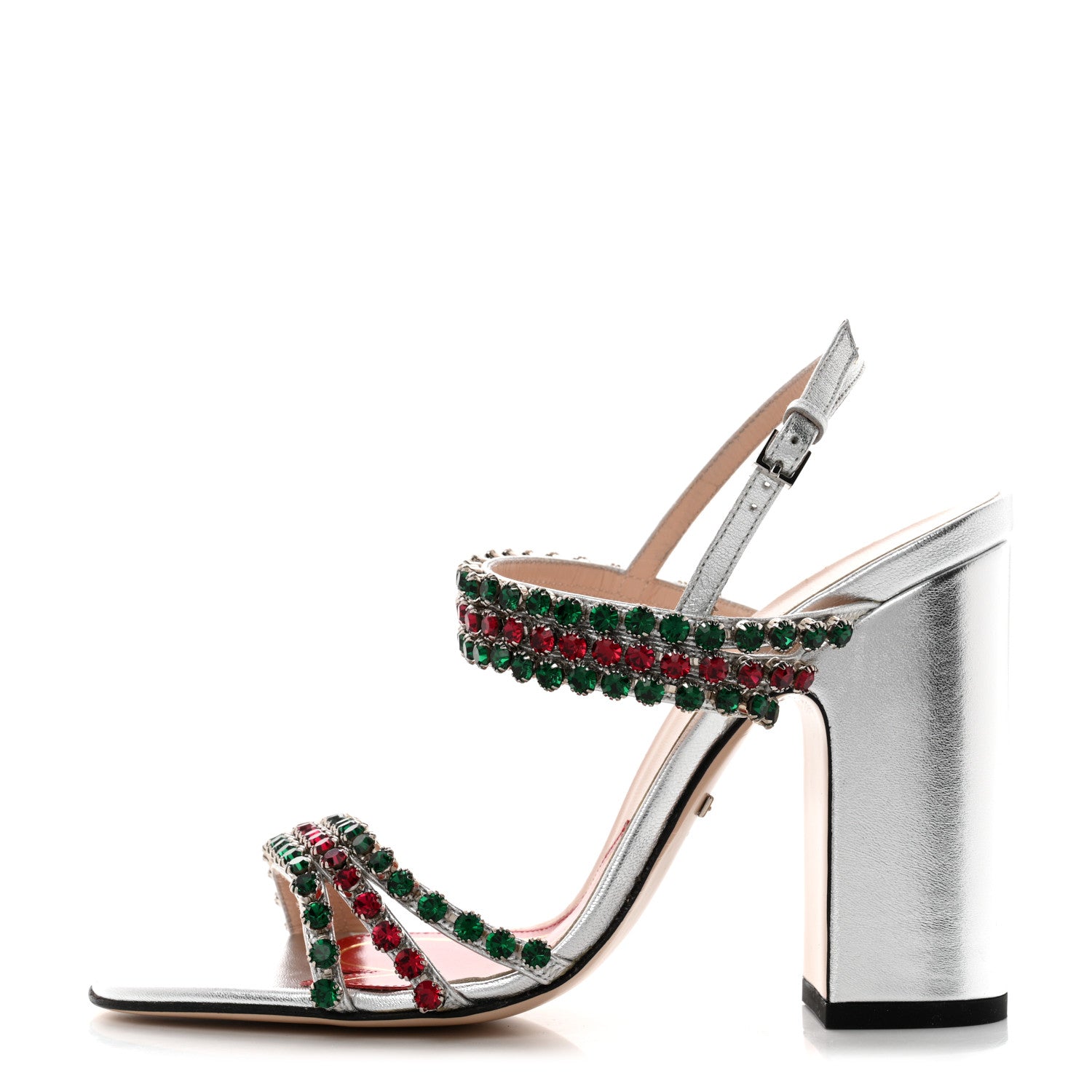 Gucci Nappa Silk Crystal Bertie High Heel Sandals 37.5 Argento 1 of 7