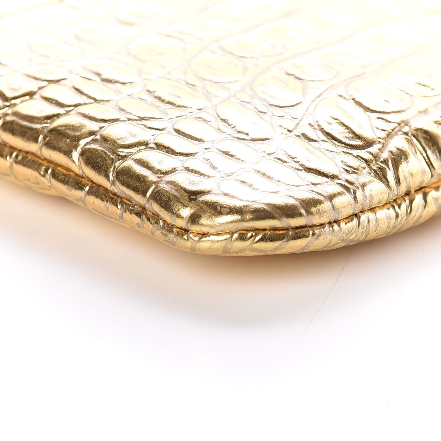 Metallic Calfskin Crocodile Embossed Cocodile Small Cosmetic Case Gold