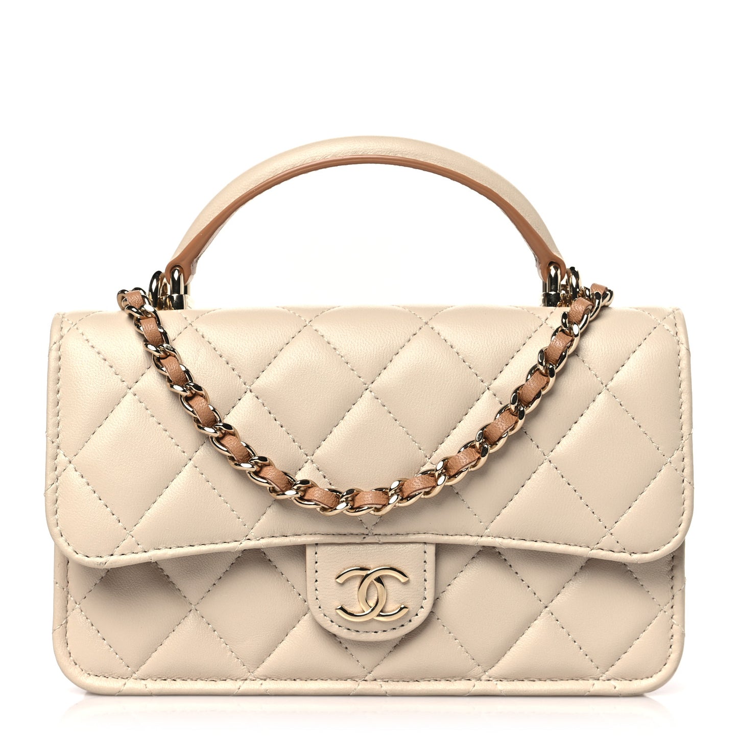 Lambskin Quilted Flap Phone Holder With Chain Beige Brown