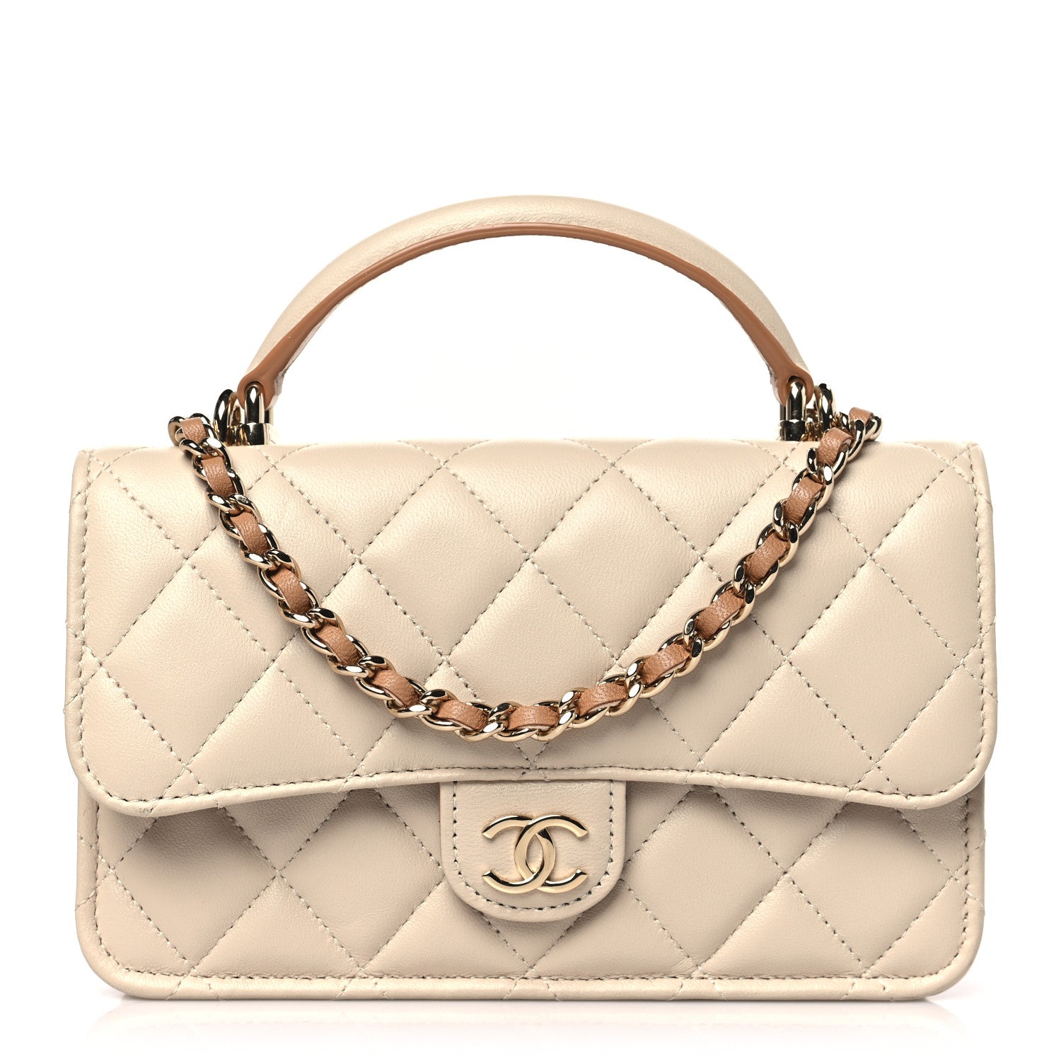 Chanel Lambskin Quilted Flap Phone Holder With Chain Beige Brown 1 of 10