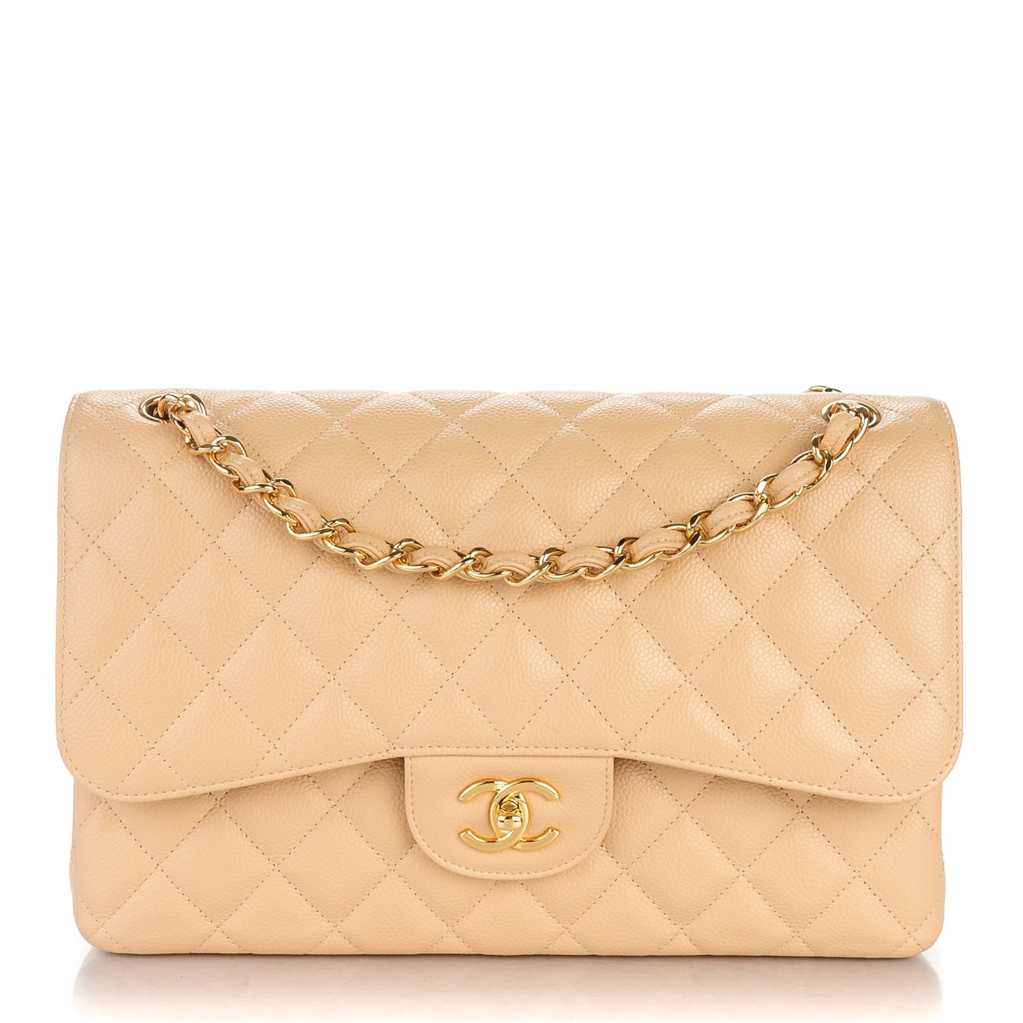 Caviar Quilted Jumbo Double Flap Beige Clair